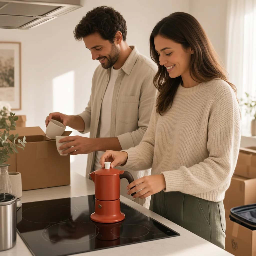 Junges Paar mit einer rostroten Espressokanne am Induktionsfeld in der neuen Küche