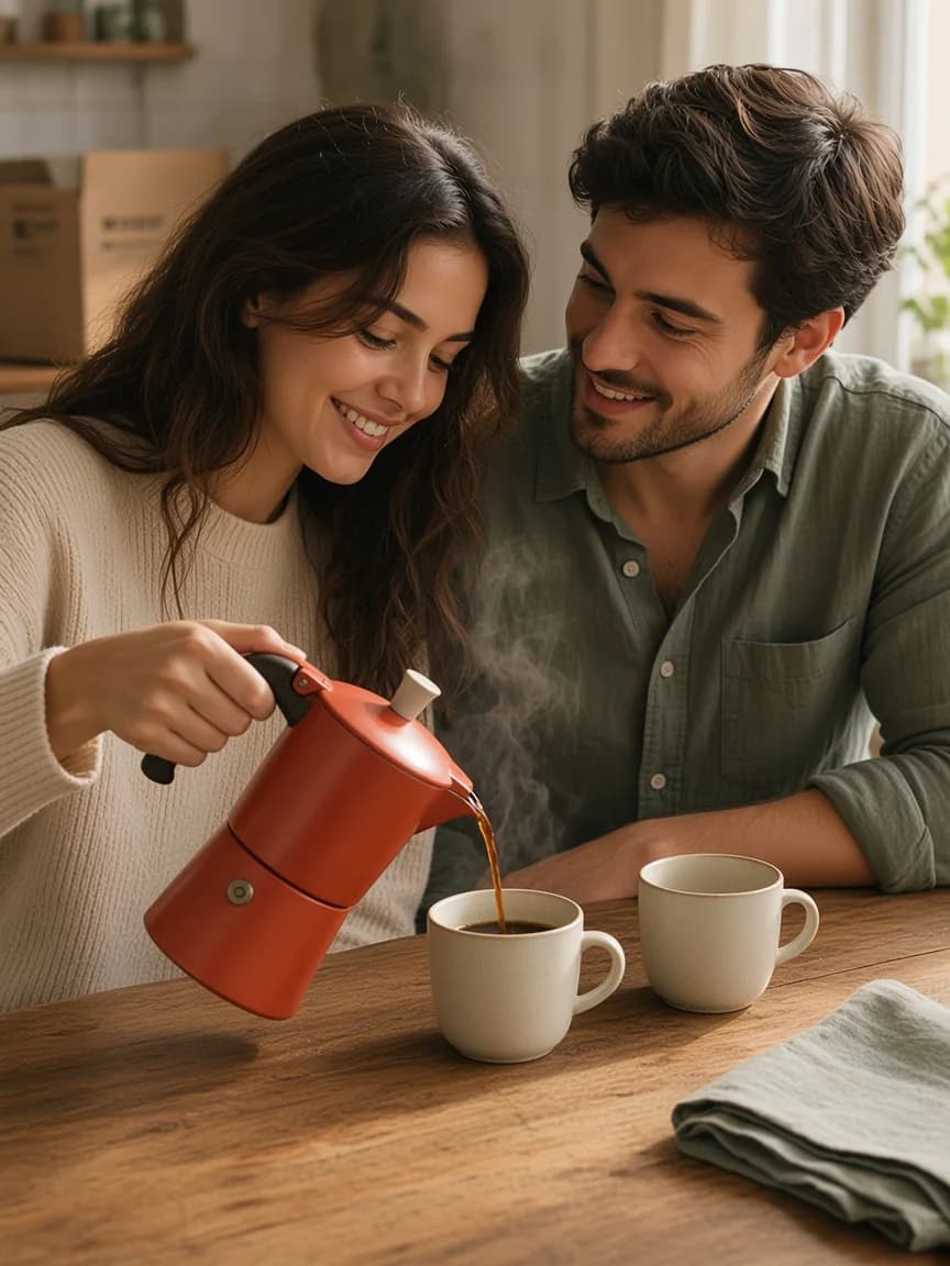 Giulia gießt Kaffee aus einer rostroten Espressokanne ein, während ihr Partner neben ihr lächelt